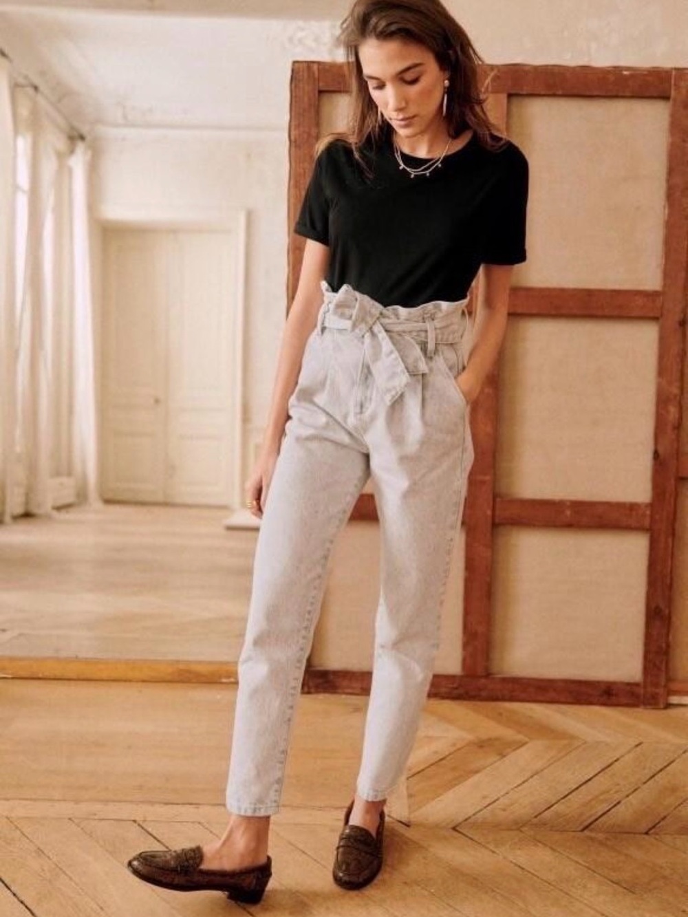 Sezane Austin Trousers Snow Grey High Waist Belted Pants US 8
